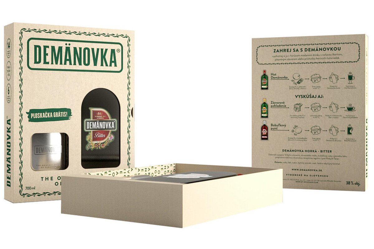 Demänovka Bitter 38% 700 ml - Darčekové balenie s ploskačkou